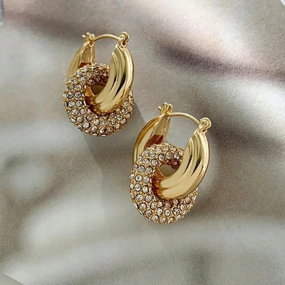 Yellow Gold Women's Gold Color Zinc Alloy Full Diamond Inlaid Hoop Earrings - Picture 4 of 5